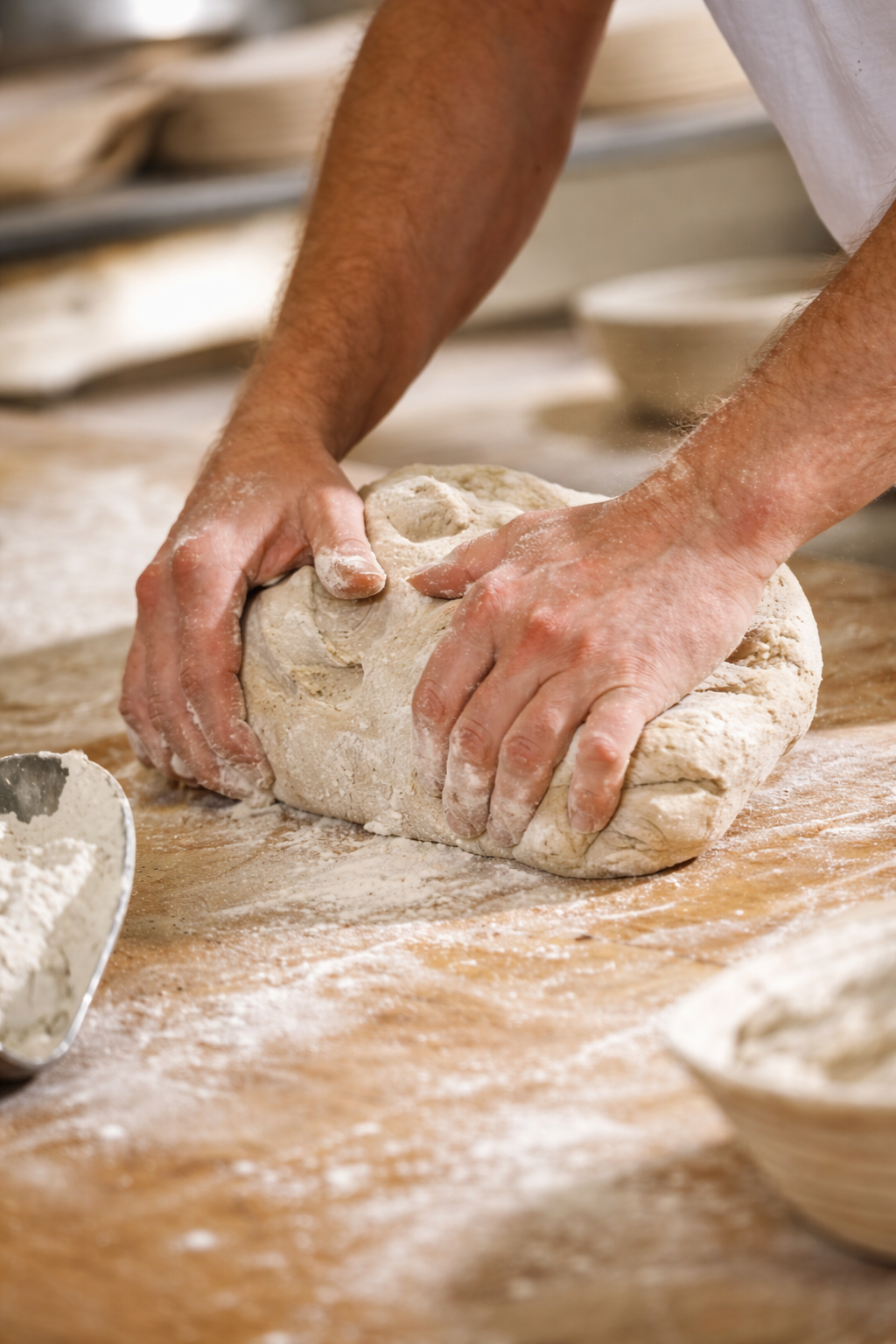 Handwerkliche Teigverarbeitung in der Backstube der Bäckerei Heimann